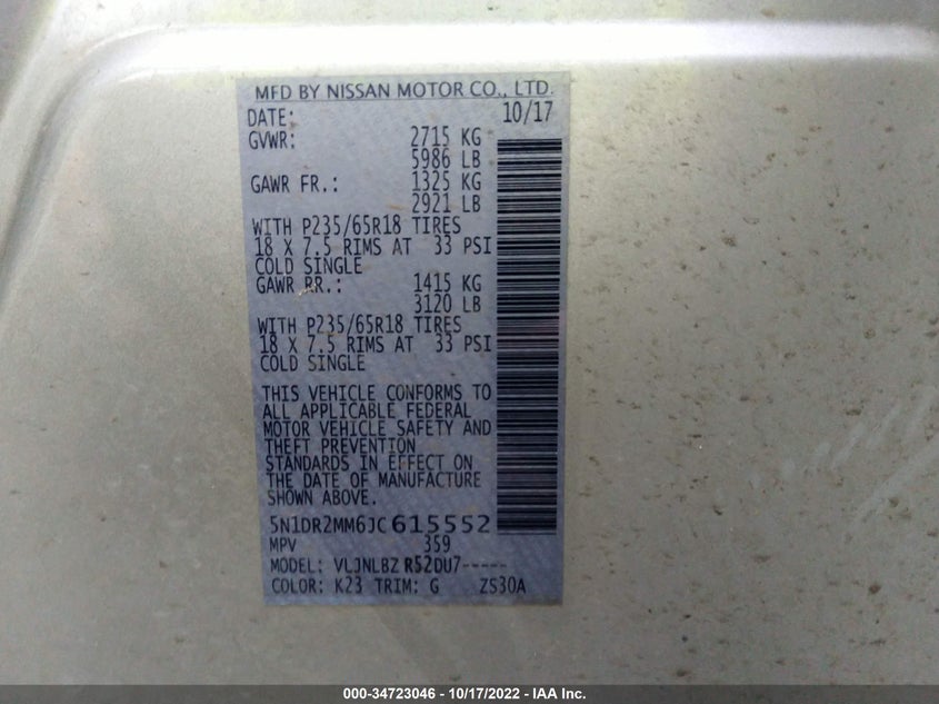 VIN 5N1DR2MM6JC615552 2018 NISSAN PATHFINDER S
