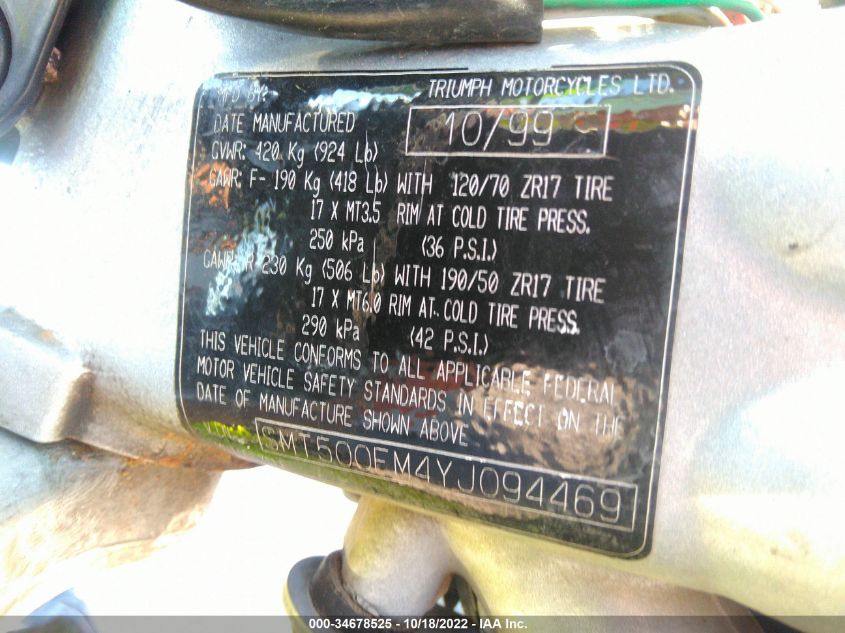 2000 TRIUMPH MOTORCYCLE SPEED TRIPLE SMT500FM4YJ094469