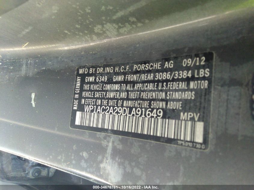 2013 PORSCHE CAYENNE WP1AC2A29DLA91649