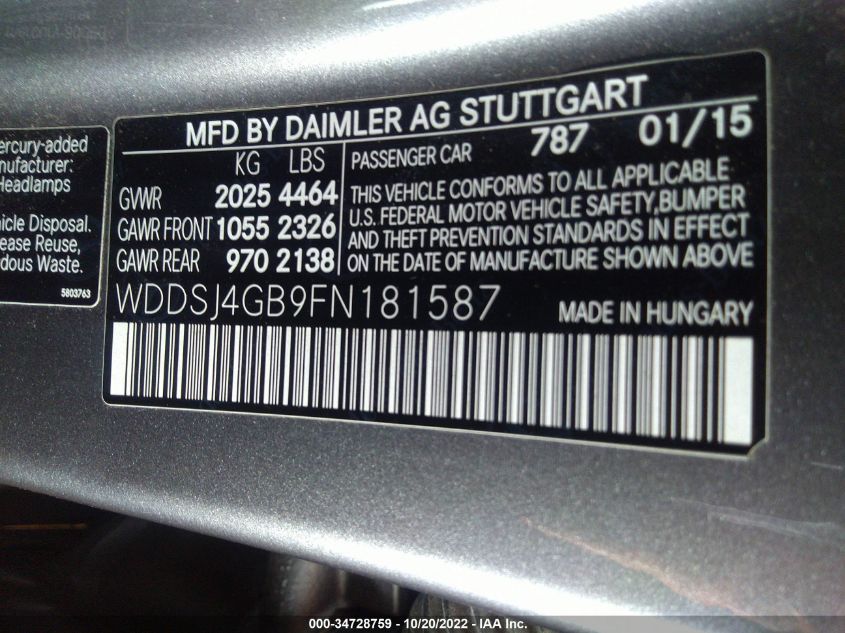 2015 MERCEDES-BENZ CLA-CLASS CLA 250 WDDSJ4GB9FN181587