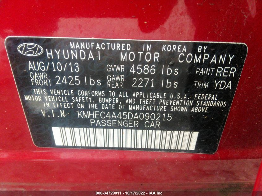 2013 HYUNDAI SONATA HYBRID LIMITED KMHEC4A45DA090215