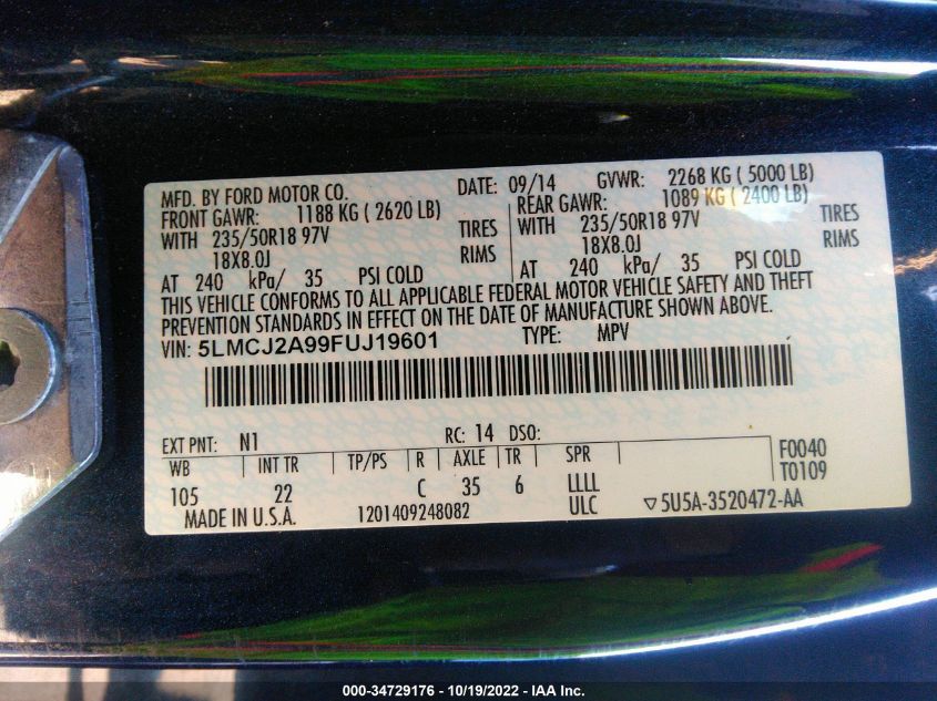 2015 LINCOLN MKC 5LMCJ2A99FUJ19601
