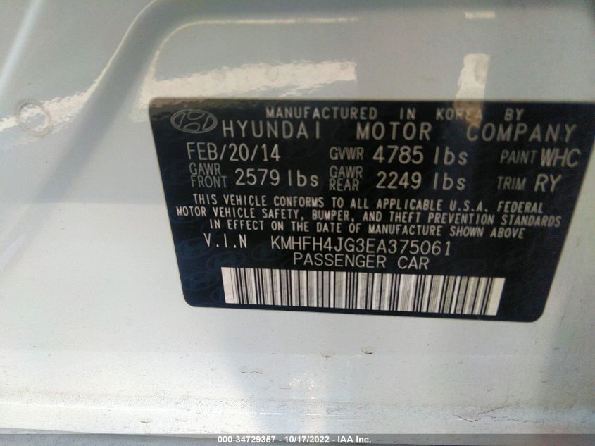2014 HYUNDAI AZERA LIMITED KMHFH4JG3EA375061