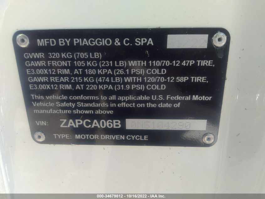 2022 VESPA PRIMAVERA ZAPCA06B0N5104290