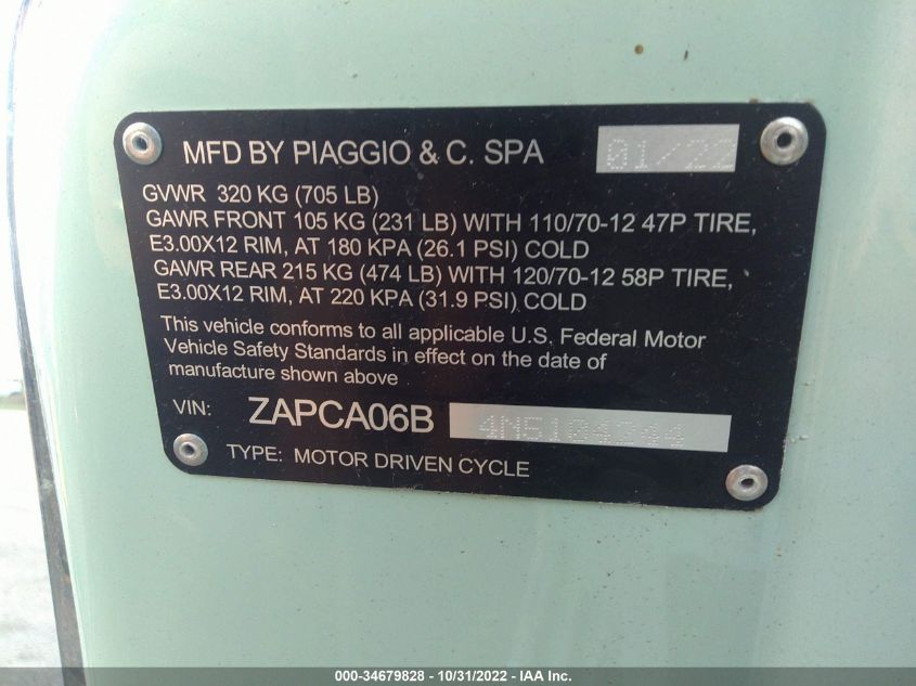 2022 VESPA PRIMAVERA ZAPCA06B4N5104244