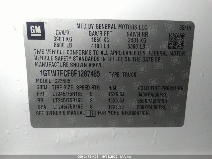 2015 GMC SAVANA CARGO VAN 1GTW7FCF8F1287485