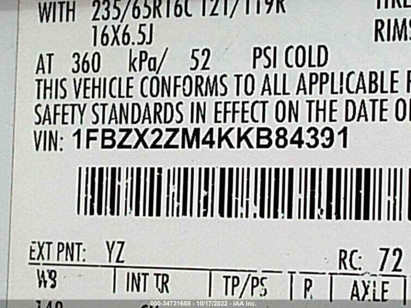 2019 FORD TRANSIT PASSENGER WAGON XL/XLT 1FBZX2ZM4KKB84391