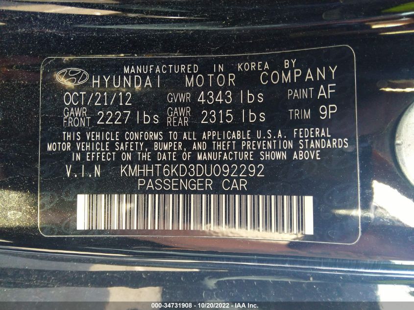 2013 HYUNDAI GENESIS COUPE 2.0T PREMIUM KMHHT6KD3DU092292