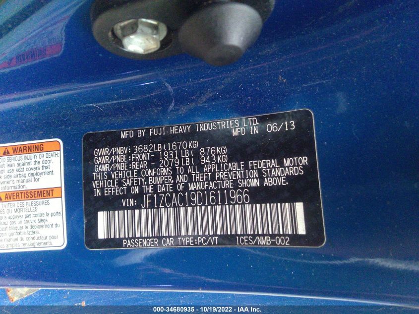 2013 SUBARU BRZ LIMITED JF1ZCAC19D1611966