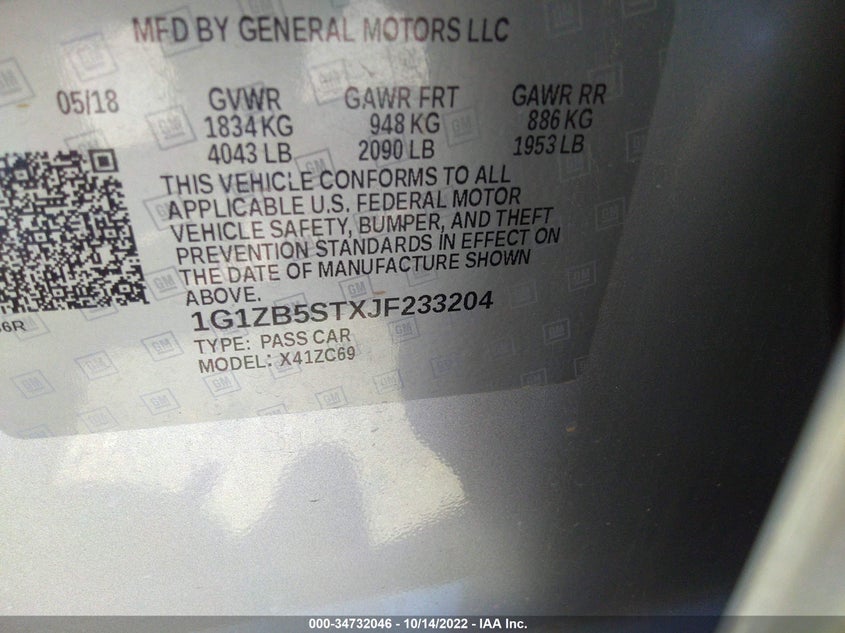 VIN 1G1ZB5STXJF233204 2018 CHEVROLET MALIBU LS