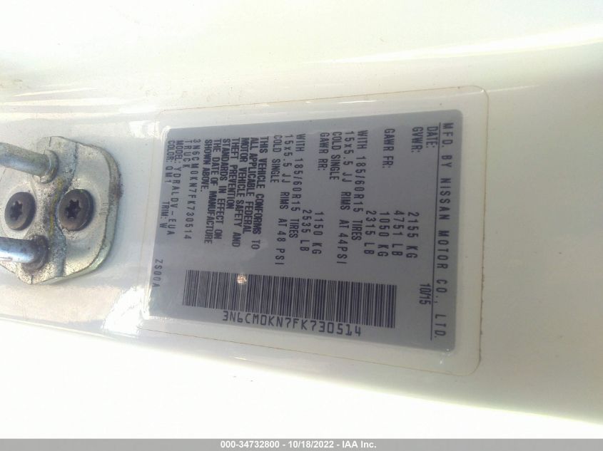 2015 NISSAN NV200 S 3N6CM0KN7FK730514