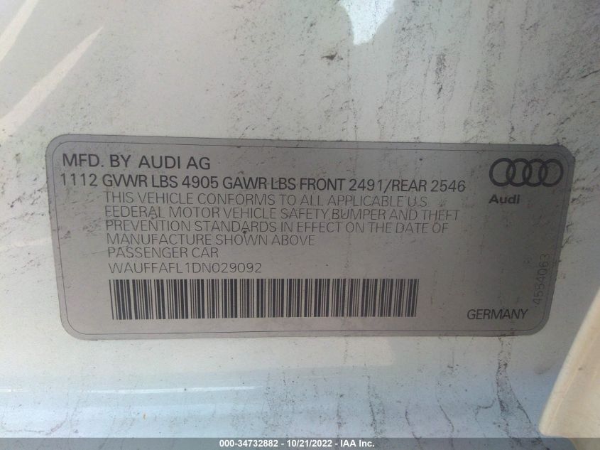 2013 AUDI A4 PREMIUM PLUS WAUFFAFL1DN029092