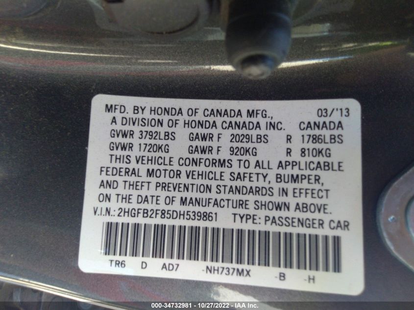 2013 HONDA CIVIC SDN EX 2HGFB2F85DH539861