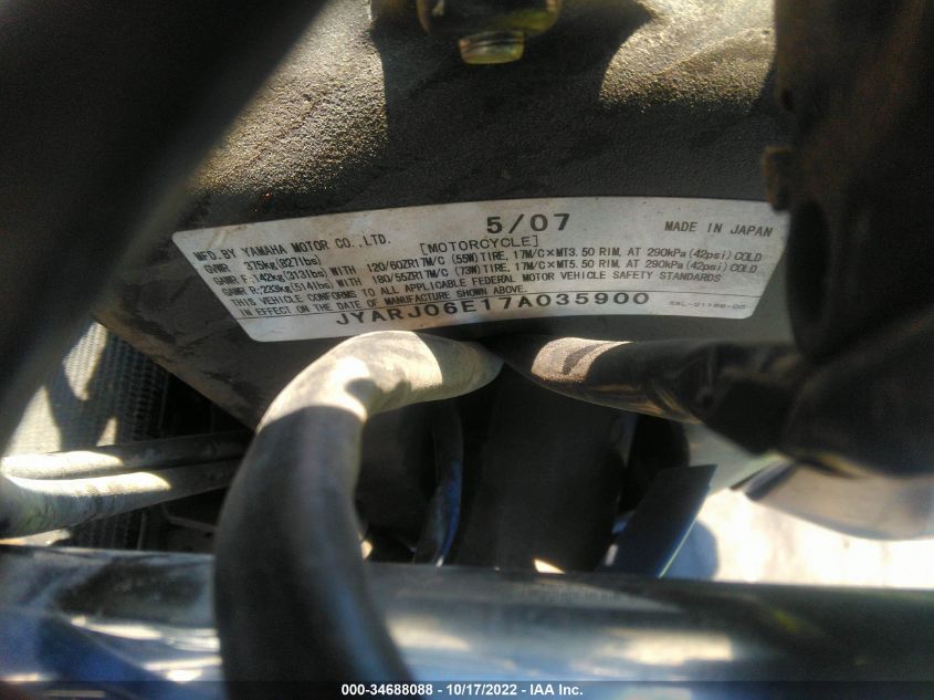 2007 YAMAHA YZFR6 S JYARJ06E17A035900
