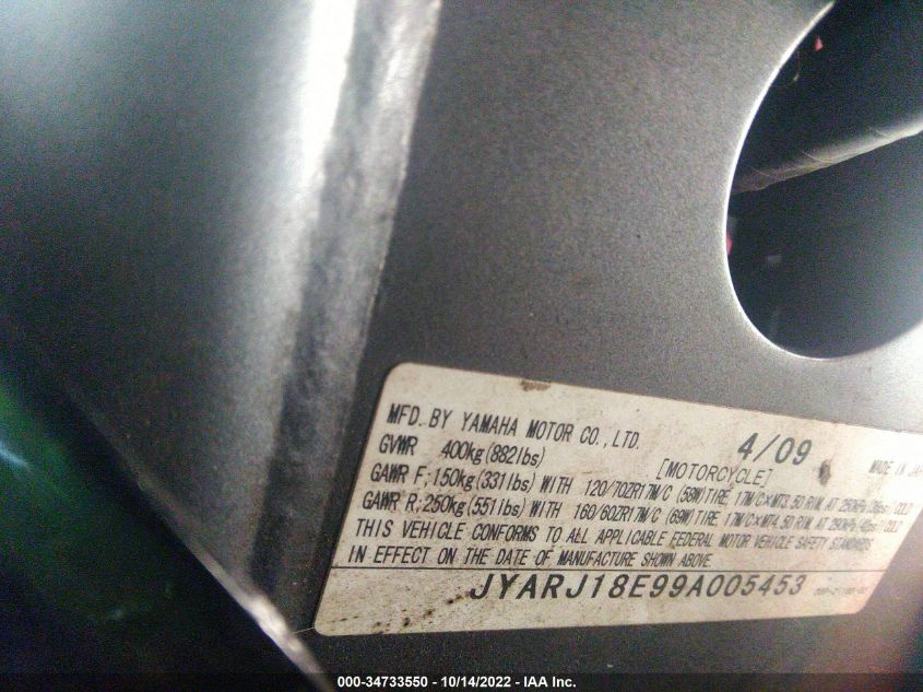2009 YAMAHA FZ6 R JYARJ18E99A005453