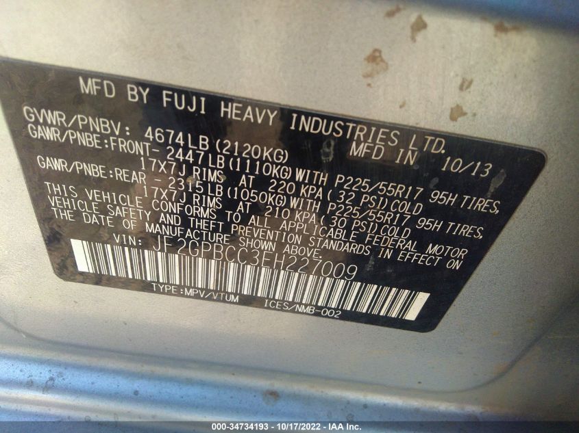 2014 SUBARU XV CROSSTREK HYBRID JF2GPBCC3EH227009