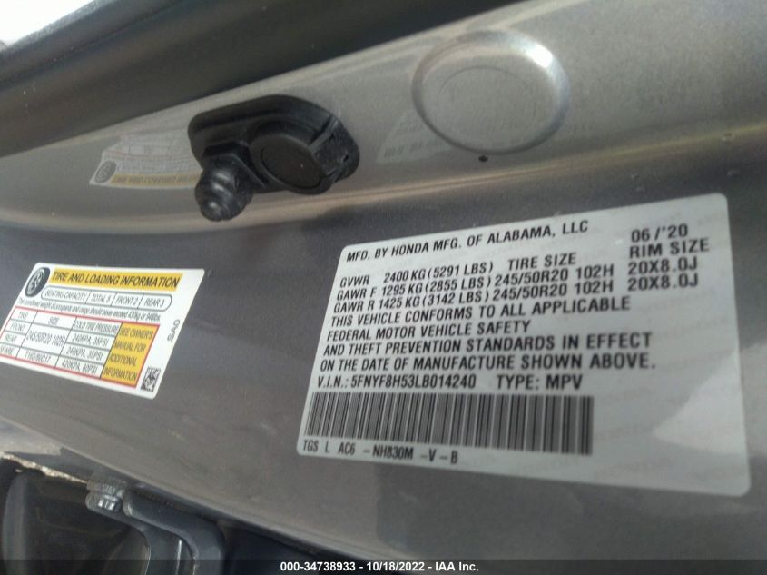 2020 HONDA PASSPORT EX-L 5FNYF8H53LB014240