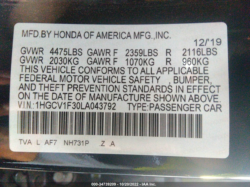 VIN 1HGCV1F30LA043792 2020 HONDA ACCORD SEDAN SPORT