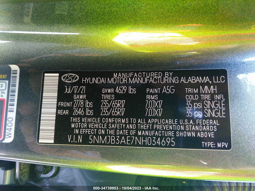 VIN 5NMJB3AE7NH034695 2022 HYUNDAI TUCSON SEL