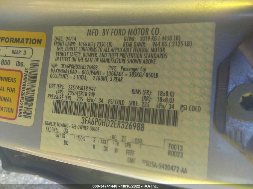 2014 FORD FUSION SE 3FA6POHD2ER326988