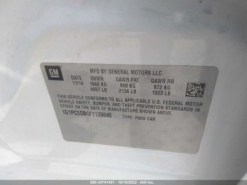 2015 CHEVROLET CRUZE LT 1G1PC5SB6F7138846