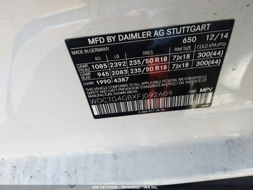 2015 MERCEDES-BENZ GLA-CLASS GLA 250 WDCTG4GBXFJ092609
