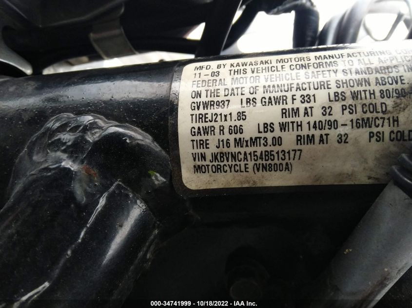 2004 KAWASAKI VN800 JKBVNCA154B513177