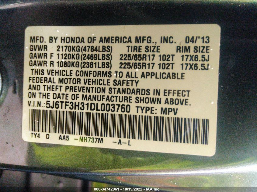 2013 HONDA CROSSTOUR EX 5J6TF3H31DL003760