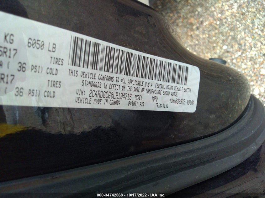 VIN 2C4RDGCG0LR194715 2020 DODGE GRAND CARAVAN SXT