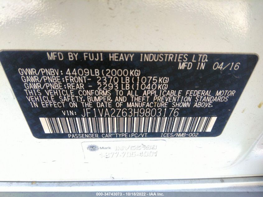 2017 SUBARU WRX STI LIMITED - JF1VA2Z63H9803176