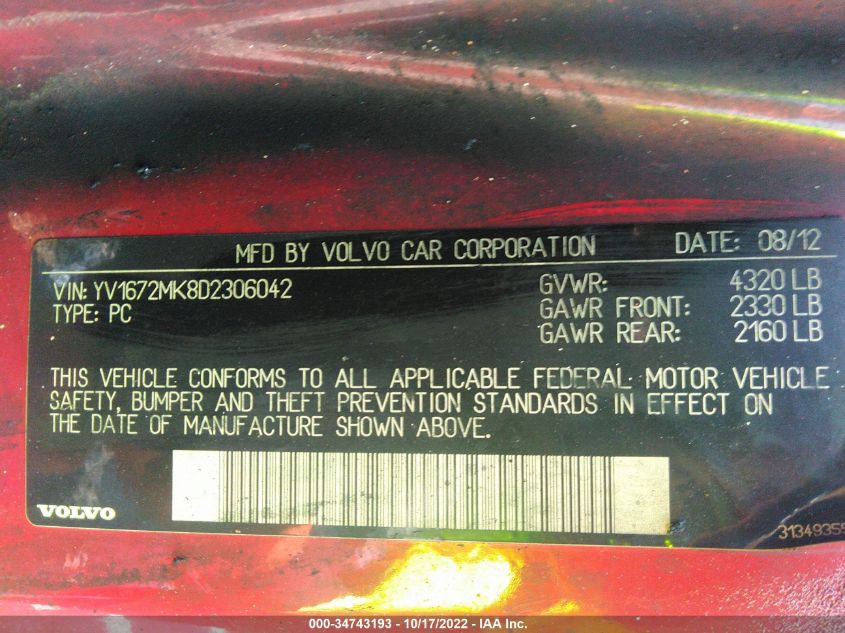 2013 VOLVO C30 T5 YV1672MK8D2306042