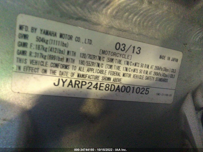 2013 YAMAHA FJR1300 A JYARP24E8DA001025