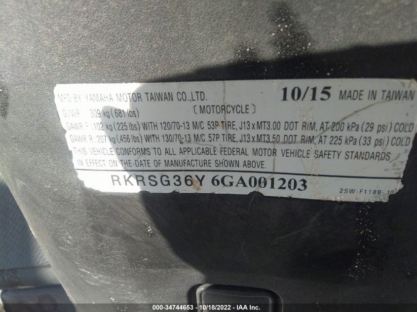 2016 YAMAHA XC155 RKRSG36Y6GA001203