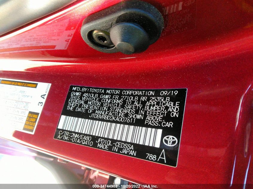 2019 TOYOTA MIRAI JTDBVRBD2KA007611