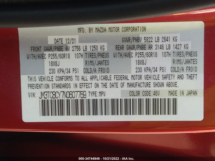 VIN JM3TCBCY7N0607769 2022 MAZDA CX-9 TOURING