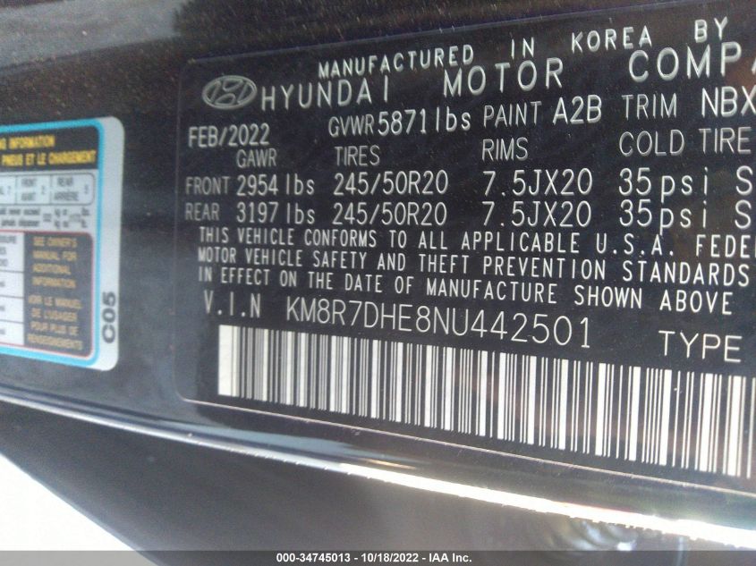 2022 HYUNDAI PALISADE CALLIGRAPHY KM8R7DHE8NU442501
