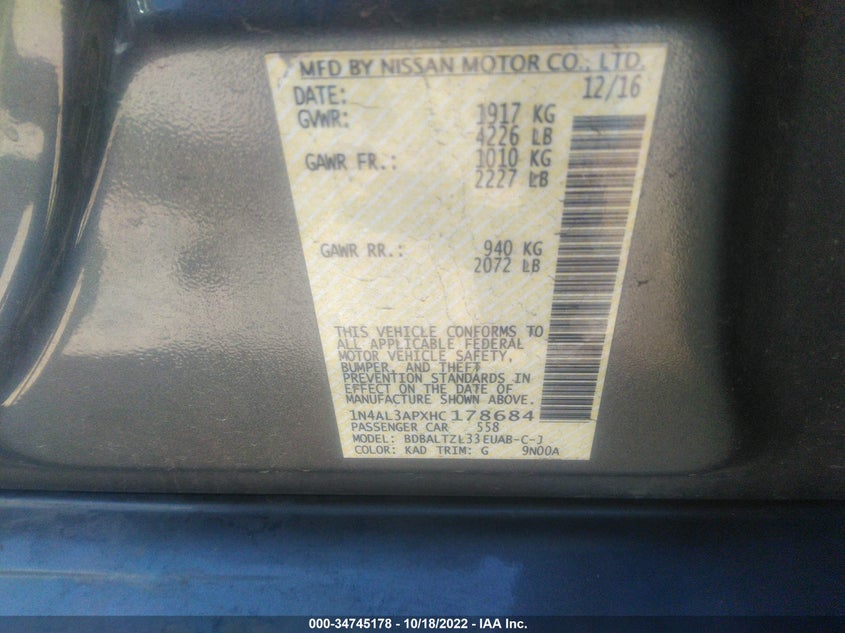 VIN 1N4AL3APXHC178684 2017 NISSAN ALTIMA 2.5 SL