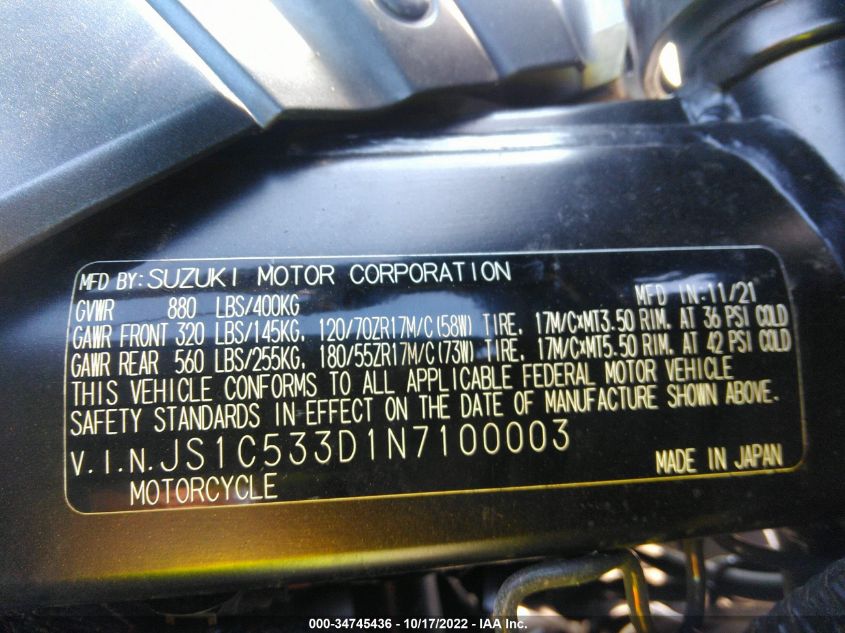2022 SUZUKI GSX-S750 M/Z JS1C533D1N7100003
