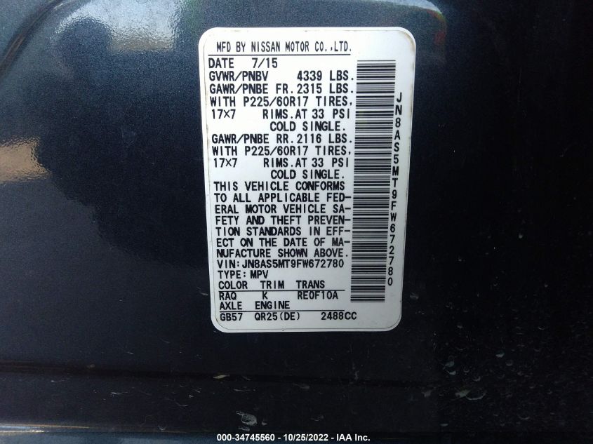 2015 NISSAN ROGUE SELECT S JN8AS5MT9FW672780