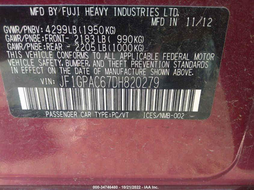 2013 SUBARU IMPREZA WAGON 2.0I PREMIUM - JF1GPAC67DH820279