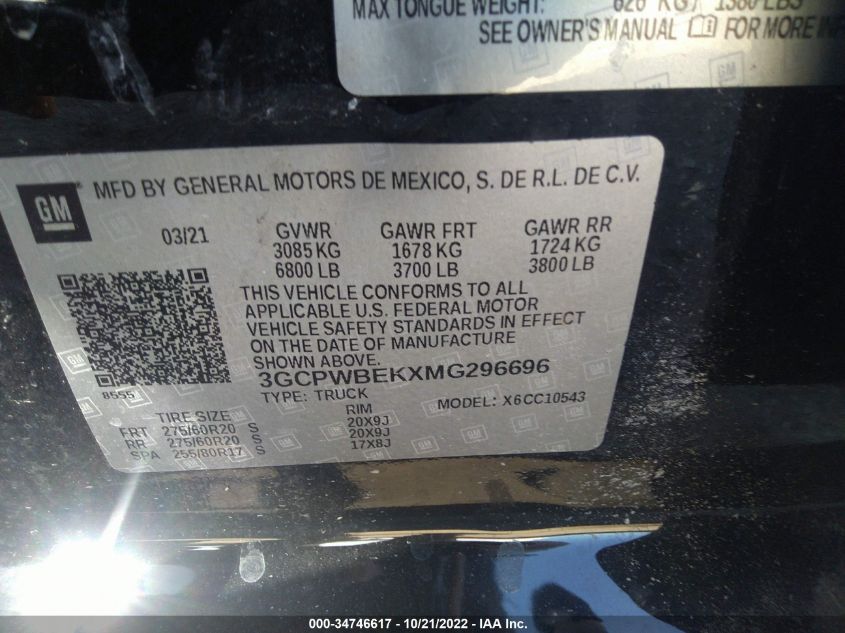 VIN 3GCPWBEKXMG296696 2021 CHEVROLET SILVERADO 1500 no.8