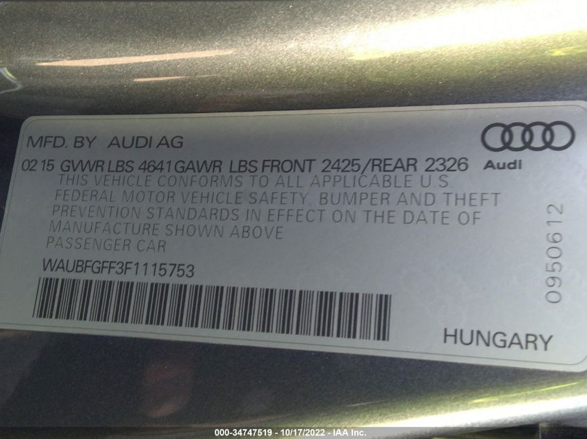 2015 AUDI S3/A3 2.0T PREMIUM PLUS WAUBFGFF3F1115753