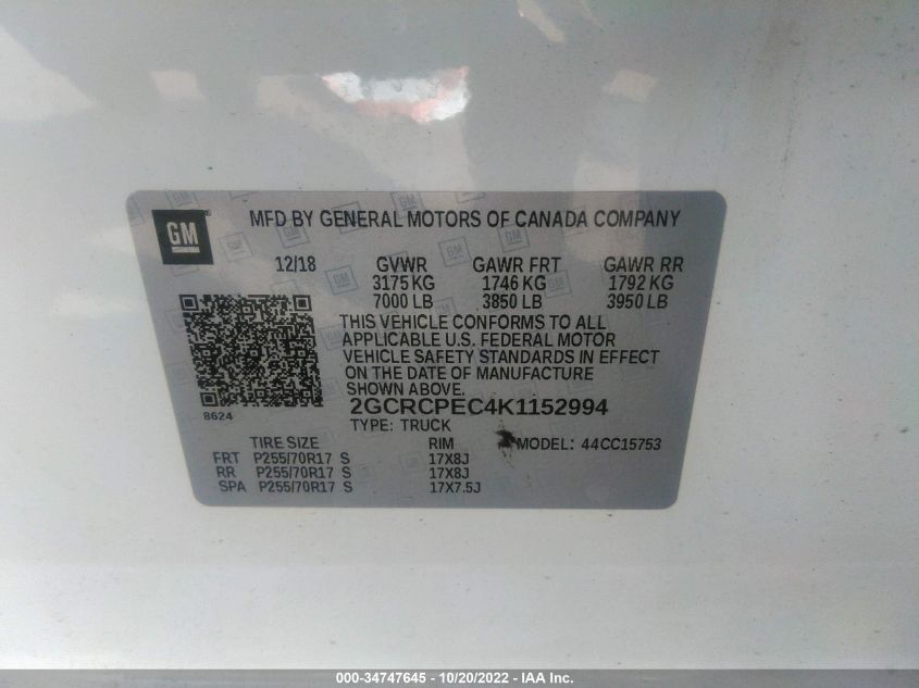 2019 CHEVROLET SILVERADO 1500 LD LT 2GCRCPEC4K1152994