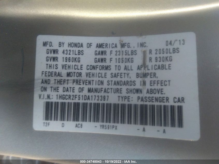 2013 HONDA ACCORD SDN SPORT 1HGCR2F51DA173397