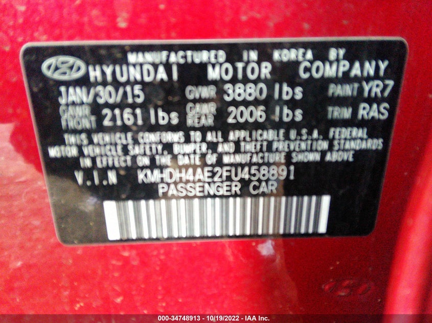 2015 HYUNDAI ELANTRA VIN: KMHDH4AE2FU458891