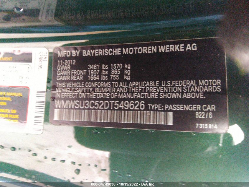 2013 MINI COOPER HARDTOP WMWSU3C52DT549626