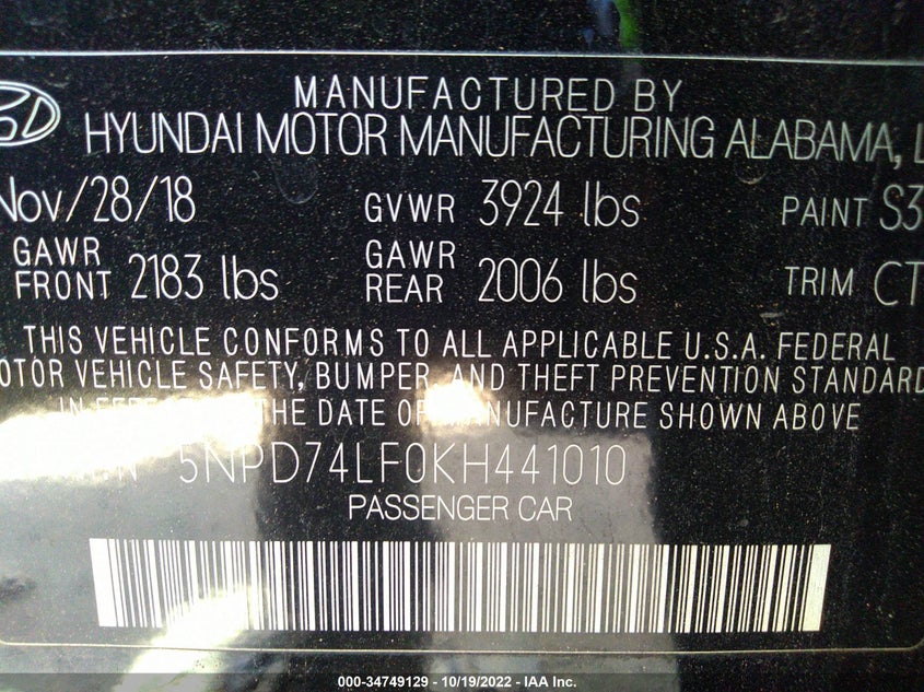 VIN 5NPD74LF0KH441010 2019 HYUNDAI ELANTRA SE