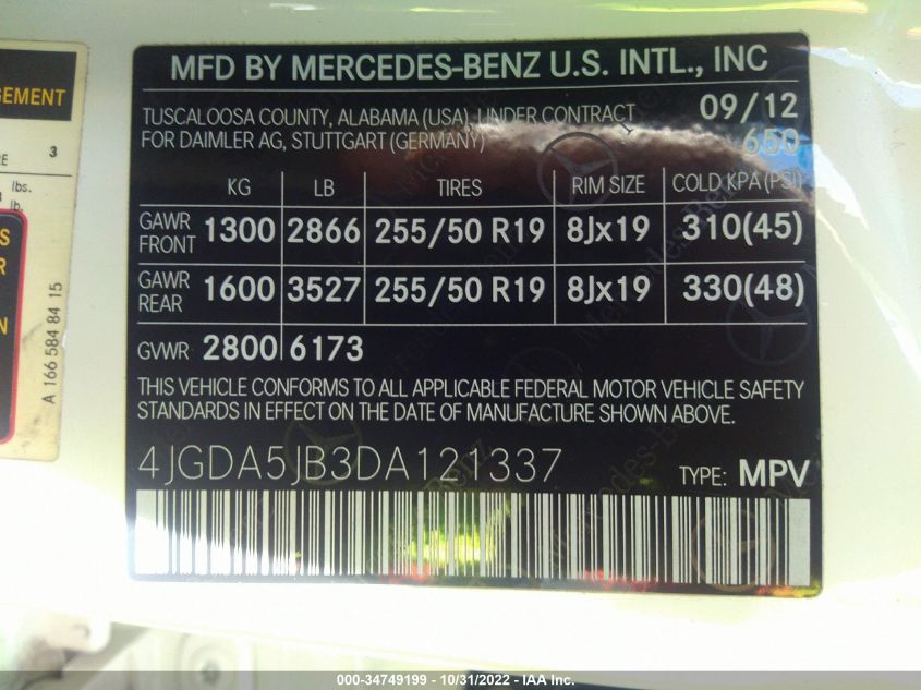 2013 MERCEDES-BENZ M-CLASS ML 350 4JGDA5JB3DA121337