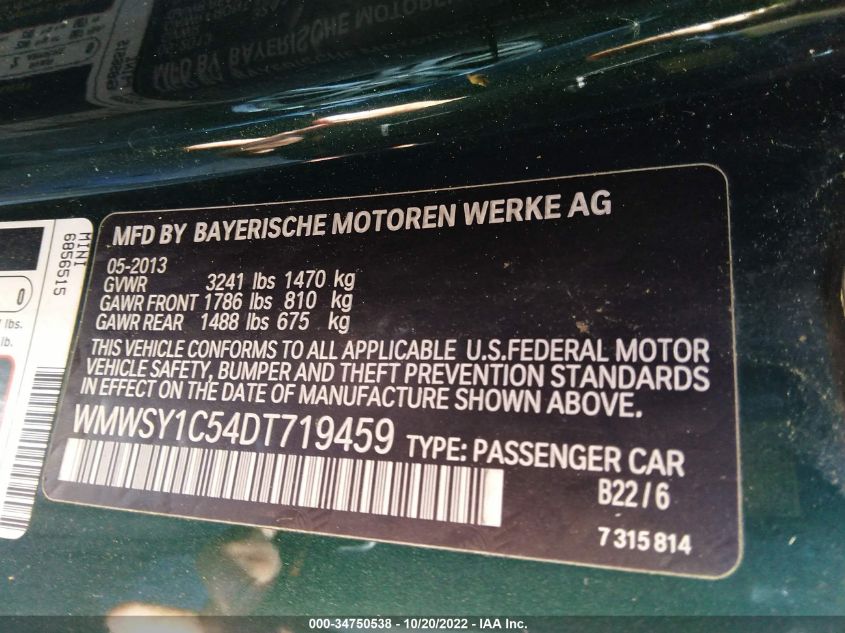 2013 MINI COOPER ROADSTER WMWSY1C54DT719459