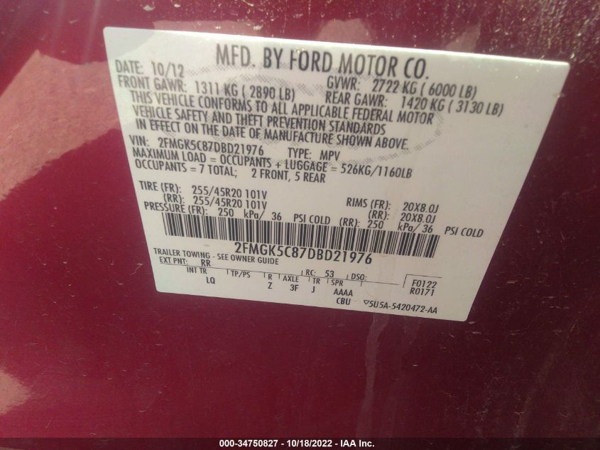 2013 FORD FLEX SEL 2FMGK5C87DBD21976